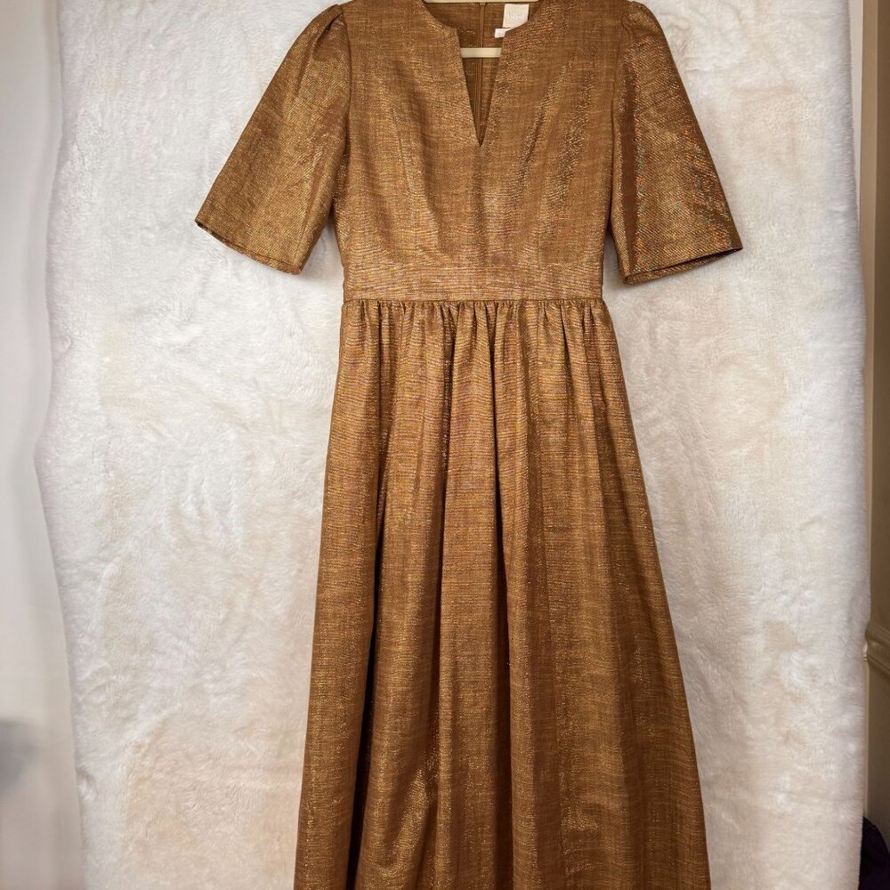 A0003 BIRD Vintage Gold Shimmer Maxi Dress With Short Sleeves SIZE SMALL